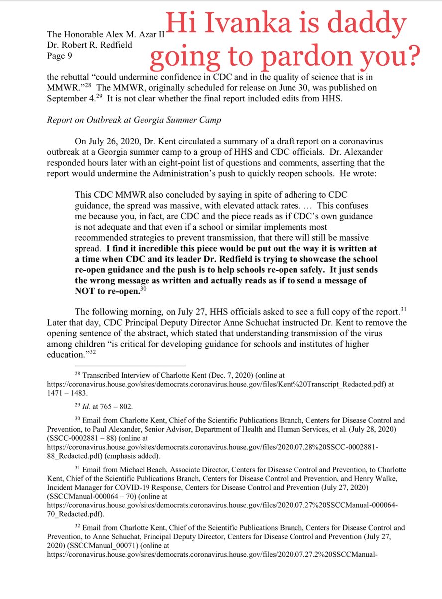 LOLs you’re fucked“HHS blocking the Select Subcommittee from interviewing five key witnesses, including Director Redfield, his principal deputy, and his acting chief of staff....the Select Subcommittee had no choice but to issue subpoenas compelling production of documents...”
