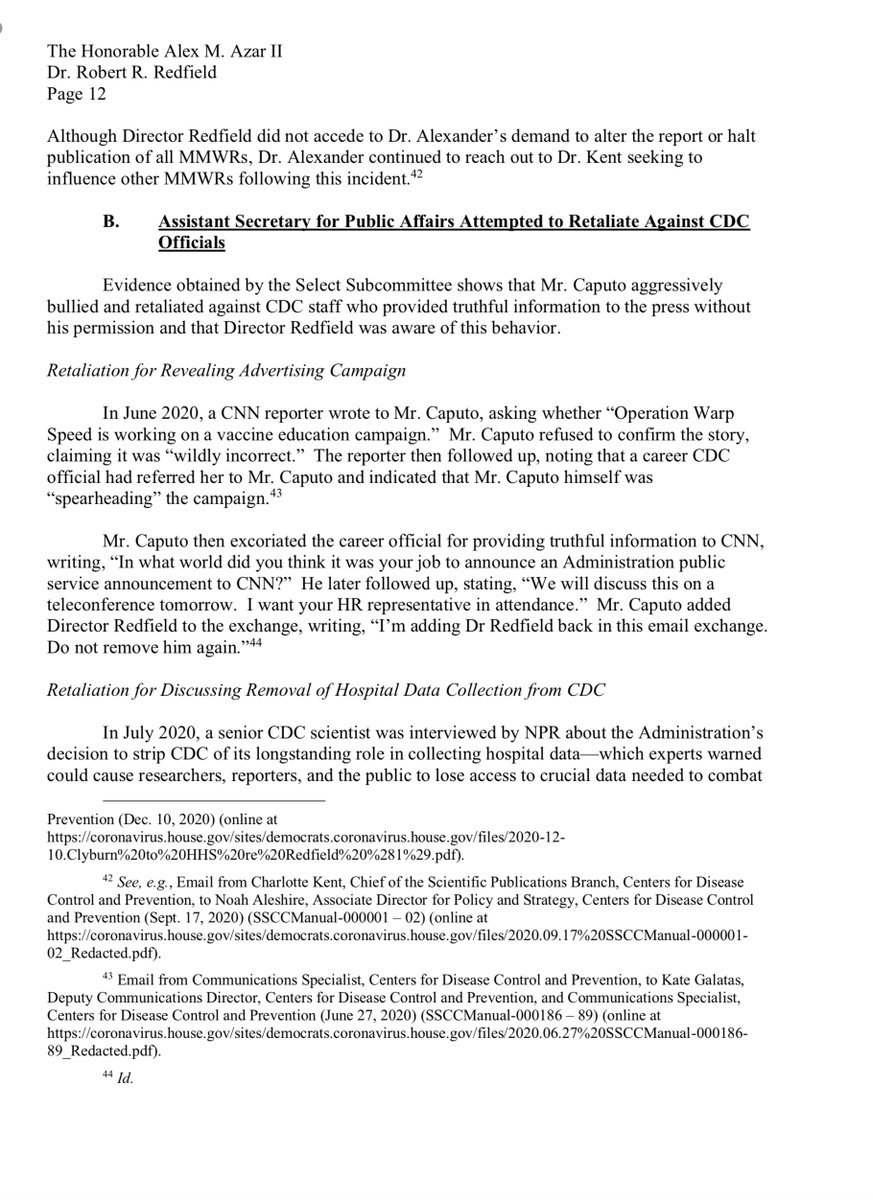 LOLs you’re fucked“HHS blocking the Select Subcommittee from interviewing five key witnesses, including Director Redfield, his principal deputy, and his acting chief of staff....the Select Subcommittee had no choice but to issue subpoenas compelling production of documents...”