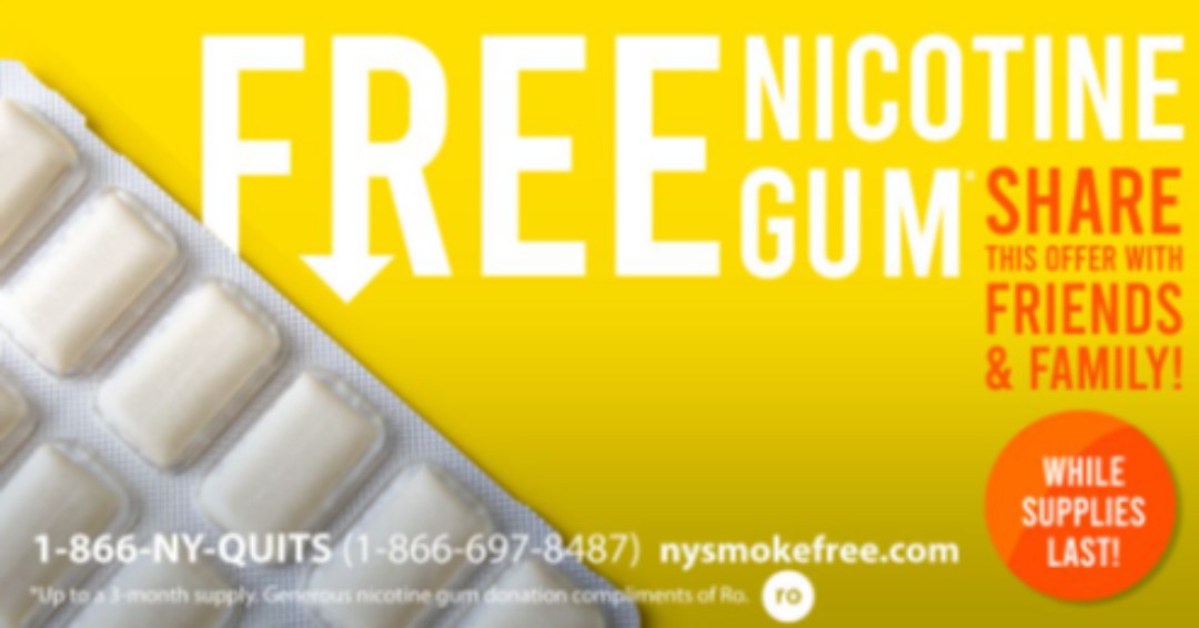 Summit_Homecare's tweet photo. Free nicotine gum is available -- while supplies last -- to help New Yorkers trying to quit smoking. Share with friends and family who are trying to quit smoking or vaping. Learn more and apply at https://t.co/D29af7Um7h or call 1-866-697-8487. https://t.co/2bThGnfRGI