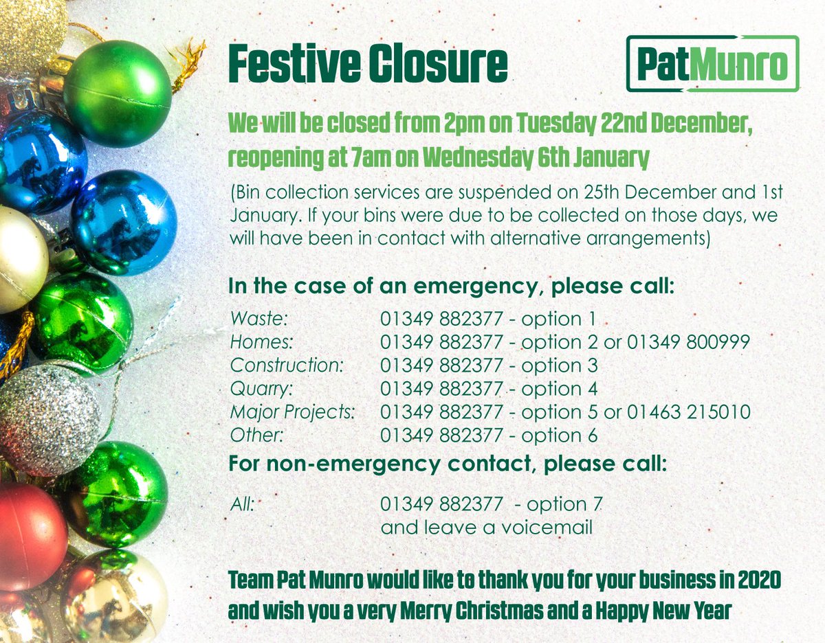 Wishing you all a Merry Christmas and a Happy New Year from everyone at Pat Munro! 🎅🎄
Thanks to all of our clients for your support during 2020 and here's looking forward to a busy 2021!
As we will be closed until the 6th of January, emergency contact numbers are listed below.