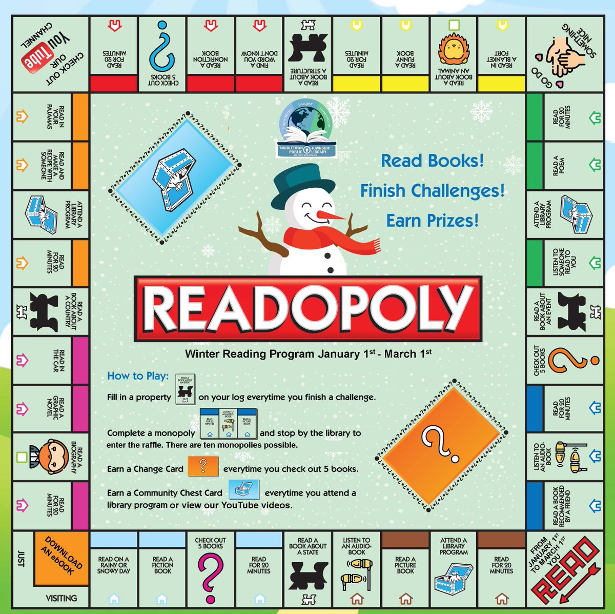 READOPOLY-Winter Reading Program for kids beginning 1/1/2021!
❄️❄️📚📚
Read Books-
Complete Challenges-
Earn Prizes-
Visit MTPL.org for complete details.  #librariestransform #READ #winterreadingprogram