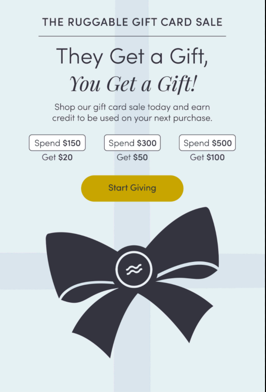 2nd Email: The CreditThis is a great method to make sure people buy from you AGAIN."Buy a gift card from us and you'll get free credit for your next purchase."Example: