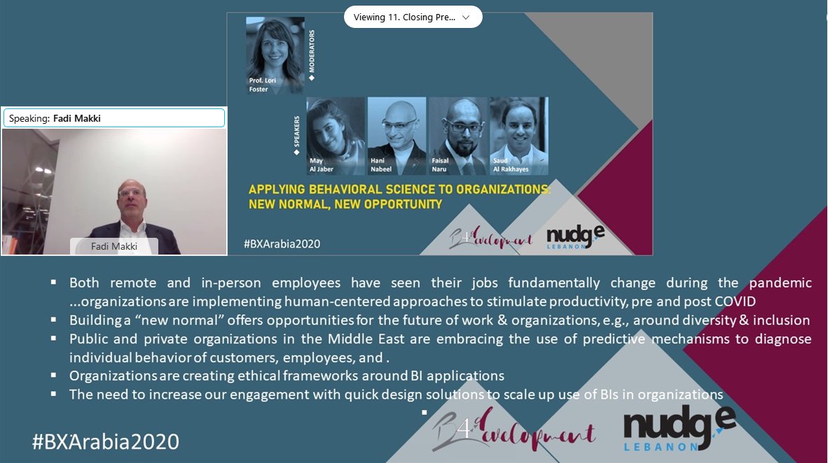 NudgeLebanon's tweet photo. We heard about the applications of Behavioral Insights in the context of organizations in light of the new normal
@may_aljaber @Nabeel_Hani @faisal_naru @S_ALRAKHAYES https://t.co/F5j6Z2qrcP