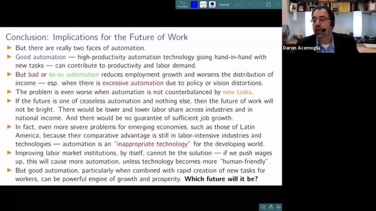 giulialotti3's tweet photo. Finally catching up with great talks of #LACEA2020
Acemoglu on #automation highly recommended 👇
Automation has 2 faces:
good one raises productivity,creates tasks&jobs; bad one ⤵️jobs,inequality🆙,👎 for #latam & #emerging as comparative adv is in labor-intensive industries https://t.co/UXYu79a3du
