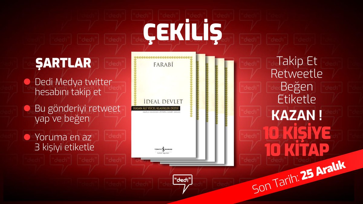 Bu hafta okurlarımıza Farabî'nin 'İdeal Devlet' adlı kitabını tavsiye ve tam 10 kişiye HEDİYE ediyoruz!

Şartlar:

✓<a href="/dedimedya/">dedi medya</a>'yı takip et
✓Bu tweet'i RT et ve beğen 
✓Yoruma en az 3 kişiyi etiketle 

25 Aralık Saat 23:59'a kadar çekilişe katılabilirsiniz!

#KitapÇekilişi