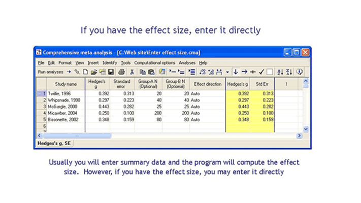 MetaAnalysisCMA's tweet image. If you have already computed the #effectsize and its #variance (or #standarderror) you may enter these directly in Comprehensive Meta-Analysis (the same as you would enter data in any other format). bit.ly/2yAbpBP (1/3)