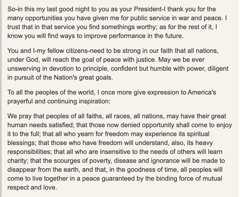 Eisenhower's concluding prayer restates the great ambitions of modern civilization, enabled by the modern project of the conquest of nature for the relief of man's estate."The task of statesmanship" remains—how to ensure that modern tech serves the proper ends of we the people.