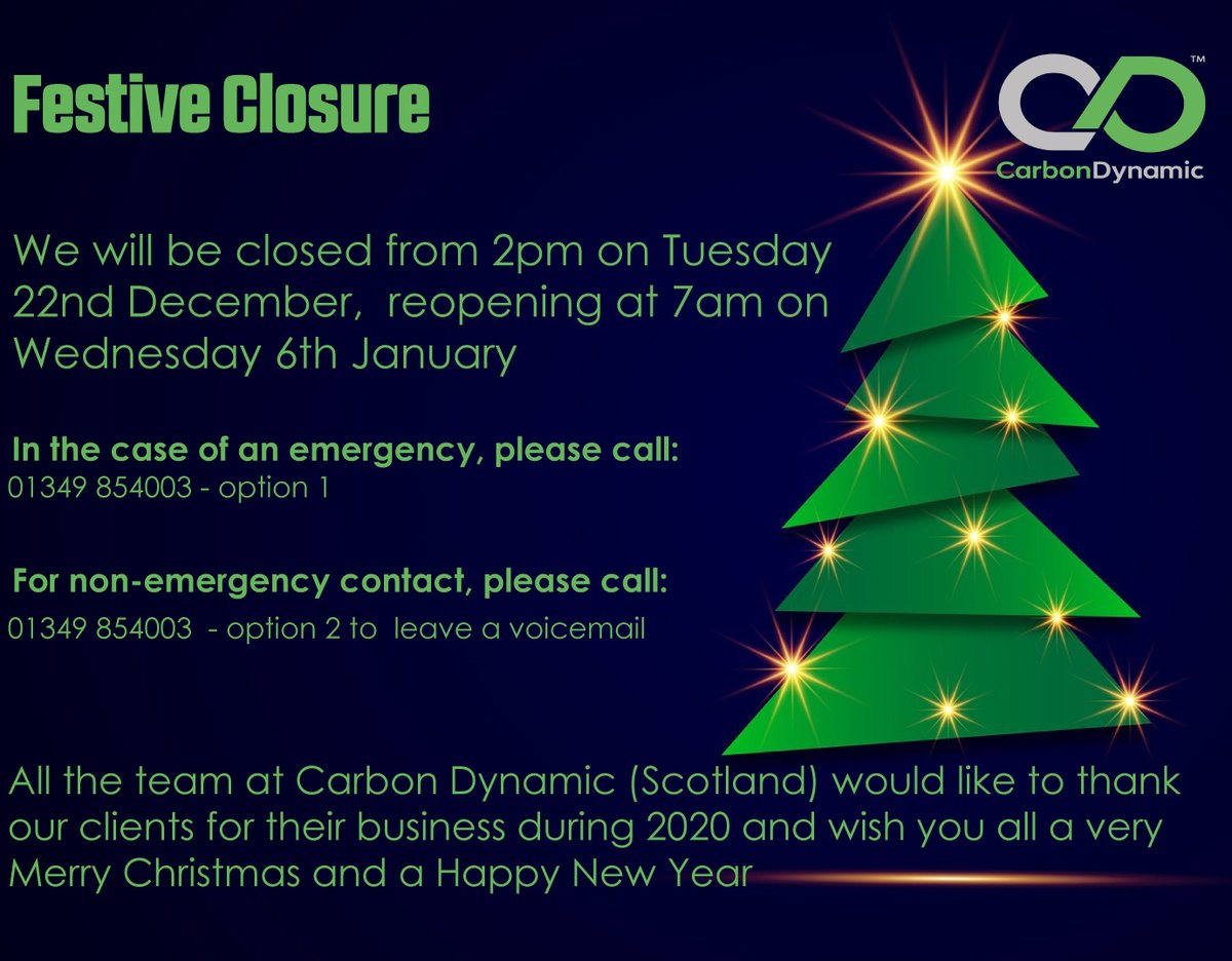 Wishing you all a Merry Christmas and a Happy New Year from everyone at Carbon Dynamic!
Thanks to all of our clients for your support during 2020 and here's looking forward to a busy 2021!
As we will be closed until the 6th of January, emergency contact numbers are listed below.