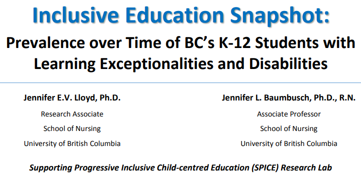 Second, we were pleased to create our "Inclusive Education Snapshot" report, describing the province-level prevalence over time in BC's K-12 students w/ learning exceptionalities & disabilities.Link to the report:  https://spice.nursing.ubc.ca/outreach/&nbsp; #inclusion  #bcpoli  #bced  #UBC ^JL /4