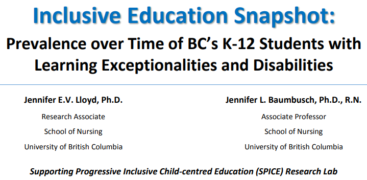 Second, we were pleased to create our "Inclusive Education Snapshot" report, describing the province-level prevalence over time in BC's K-12 students w/ learning exceptionalities & disabilities.Link to the report:  https://spice.nursing.ubc.ca/outreach/  #inclusion  #bcpoli  #bced  #UBC ^JL /4