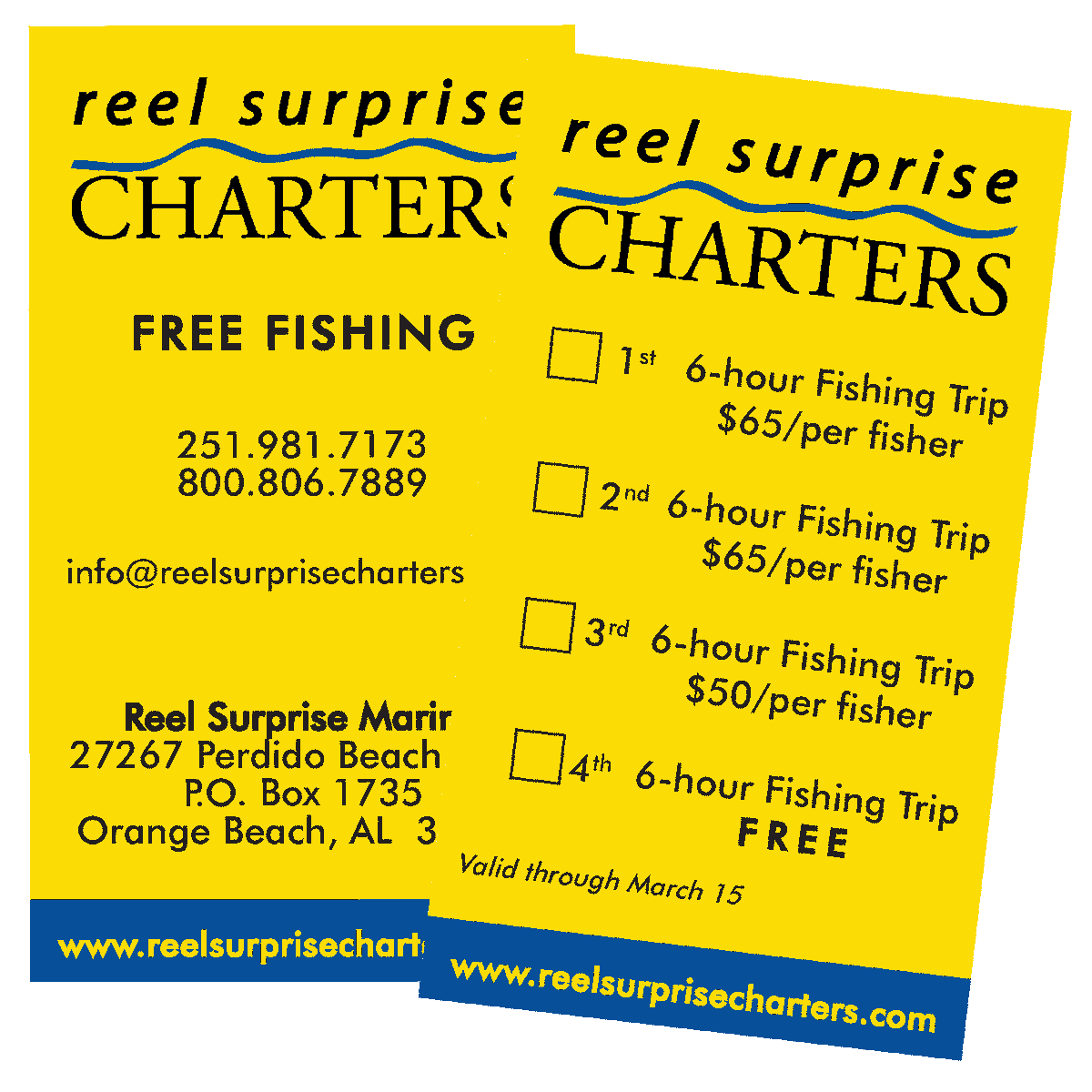 ReelSurprise's tweet photo. If you spend the winter in our area, stop by our Charter Office (after January 3) and pick up one of our Free Fishing Cards. For every 3 charters fished with us, you get the 4th free. #reserveyourcharter #orangebeachfishing #orangebeachcharters #customizedcharters #fallfishing https://t.co/Y2KF7RHg66