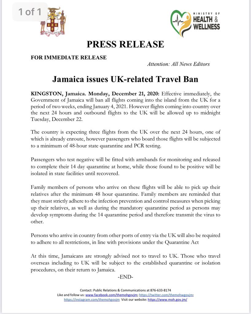 AndrewHolnessJM's tweet photo. #PressRelease: Jamaica Issues UK-related travel ban. https://t.co/maeOjIaLRk
