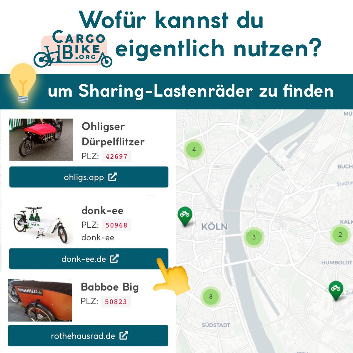 Wofür ist CargoBike.org eigentlich nützlich? 

Bei uns kannst du leih- und mietbare Lastenräder von sämtlichen Anbietern finden, und zwar in 🇩🇪,🇦🇹 und der🇨🇭. Schon ausprobiert? 🚲

Wir sind aktuell im Aufbau und freuen uns auch über Feedback 🙂