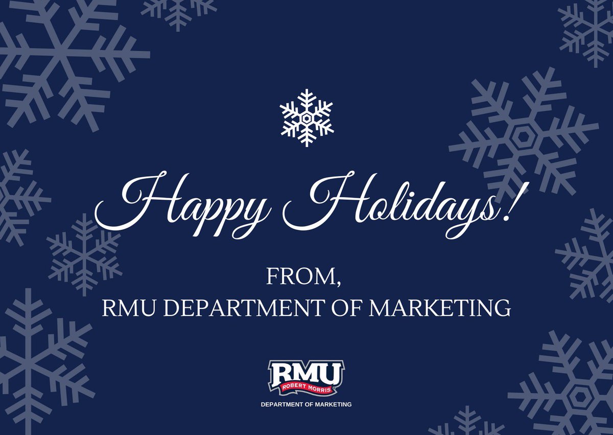 RMUMarketing's tweet photo. Happy Holidays from RMU Department of Marketing. Wishing all of our students a safe winter break! ❄️ https://t.co/Q6xq9ayCuE