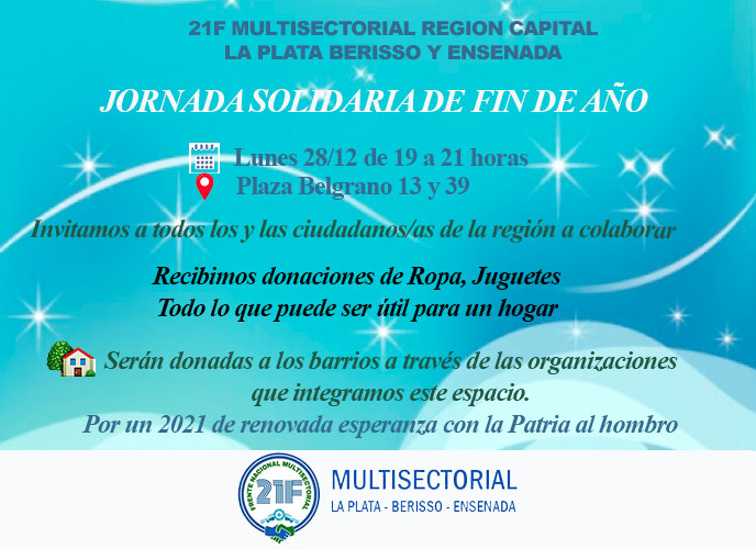 21FRegionCap's tweet photo. JORNADA SOLIDARIA DE FIN DE AÑO 21F REGIÓN CAPITAL
Este 28/12 estaremos en plaza Belgrano, de 13 y 39 La Plata entre las 19 y las 21 horas. La iniciativa fue impulsada por la ONG "El Chinchillar" y el 21 Región Capital La Plata, Berisso y Ensenada. https://t.co/O6VVasEt1R