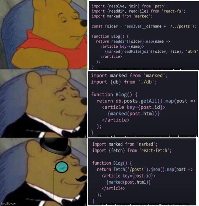 36:55 Dan's RecapServer Components.... have ZERO effect on bundle size let you access backend resources DIRECTLY (same paradigm btw server & client data fetching)New React I/O Libraries (thin wrappers that teach React how to cache):- react-fs- react-pg- react-fetch