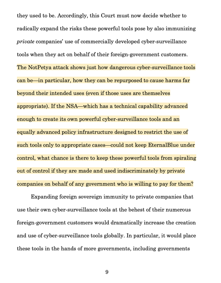2. Brief begins with  #NotPetya attack. Says: Shows how dangerous and damaging it can be when attack tools proliferate. Notes number of states that can develop such tools v. limited & NSA still protected by longstanding principles of sovereign immunity from liability...