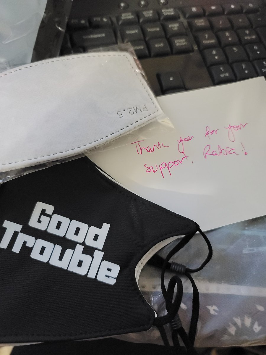 aggierabz's tweet photo. Because if I'm going to cause trouble, it should always be good trouble... Also love that @AyeshaNRashid always puts in a handwritten note with every @EqualEntrance order! #SupportSmallBusinesses #MaskFun #CantWaitToWearThis https://t.co/BoY0ePu8NW