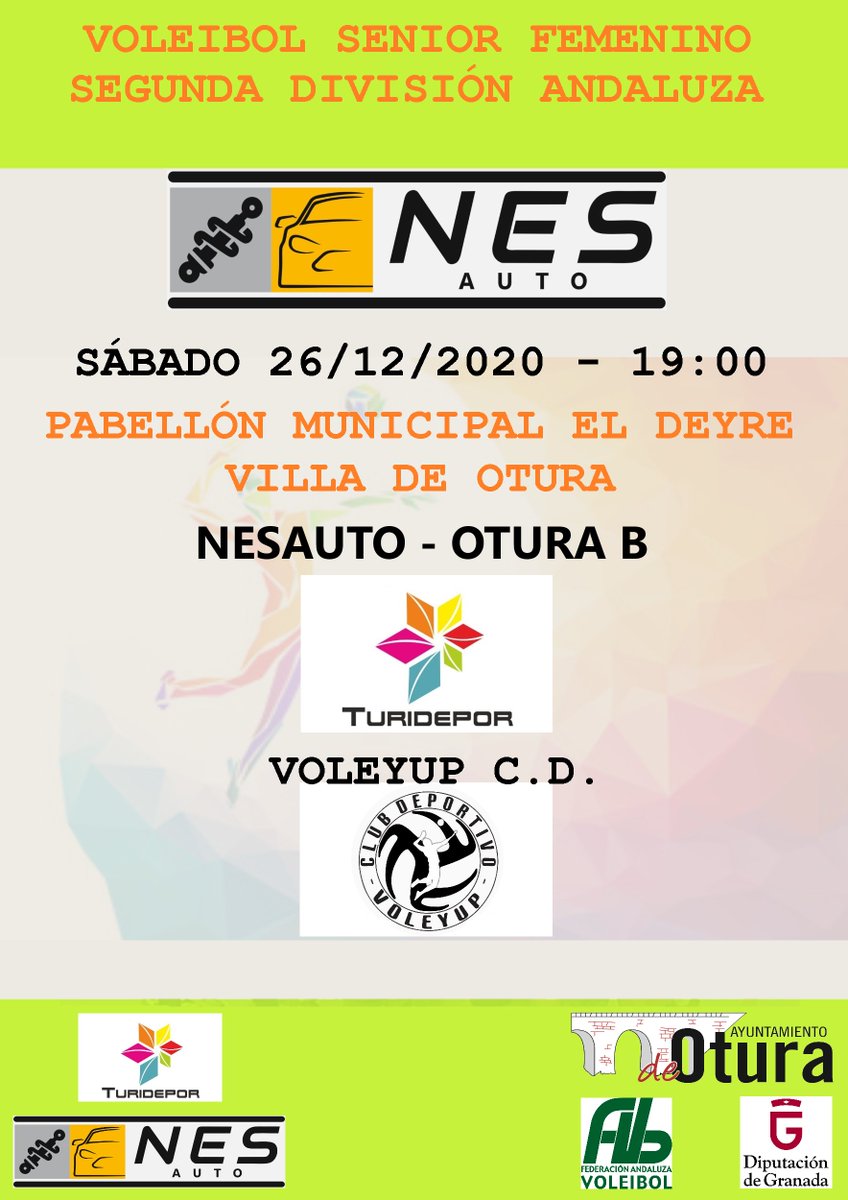 Turidepor's tweet photo. SEGUNDA ANDALUZA FEMENINA. Los equipos de @Turidepor: NESAUTO OTURA A - Y NESAUTO OTURA B; contra @CDUAtarfe y @VoleyUp El Sábado 26/12/2020 a las 17:00 y a las 19:00 respectivamente. https://t.co/Fn6pKK1qta