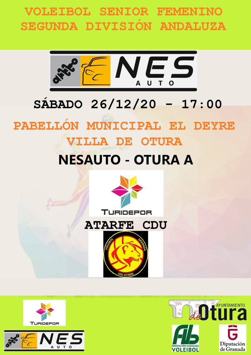 Turidepor's tweet photo. SEGUNDA ANDALUZA FEMENINA. Los equipos de @Turidepor: NESAUTO OTURA A - Y NESAUTO OTURA B; contra @CDUAtarfe y @VoleyUp El Sábado 26/12/2020 a las 17:00 y a las 19:00 respectivamente. https://t.co/Fn6pKK1qta