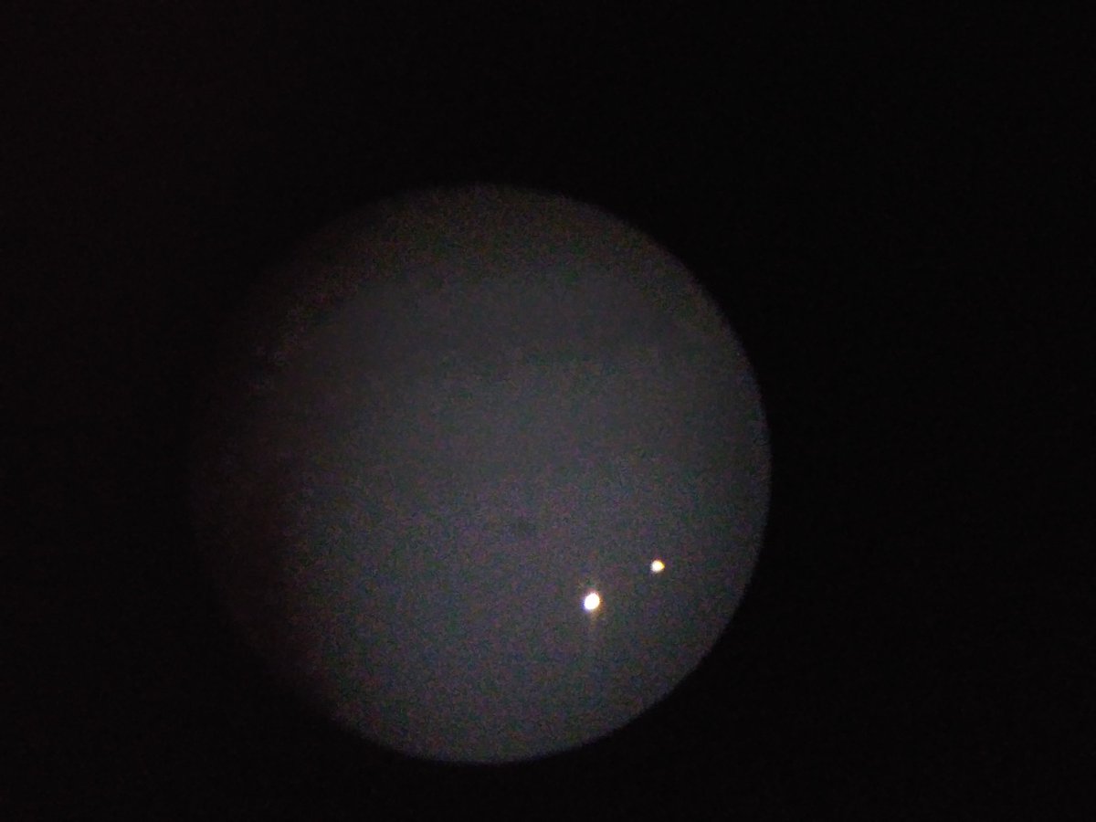 RandalEdgar's tweet photo. A very amateur photo of Jupiter and Saturn, from my phone looking through a home telescope. https://t.co/pA0hSzC4wp