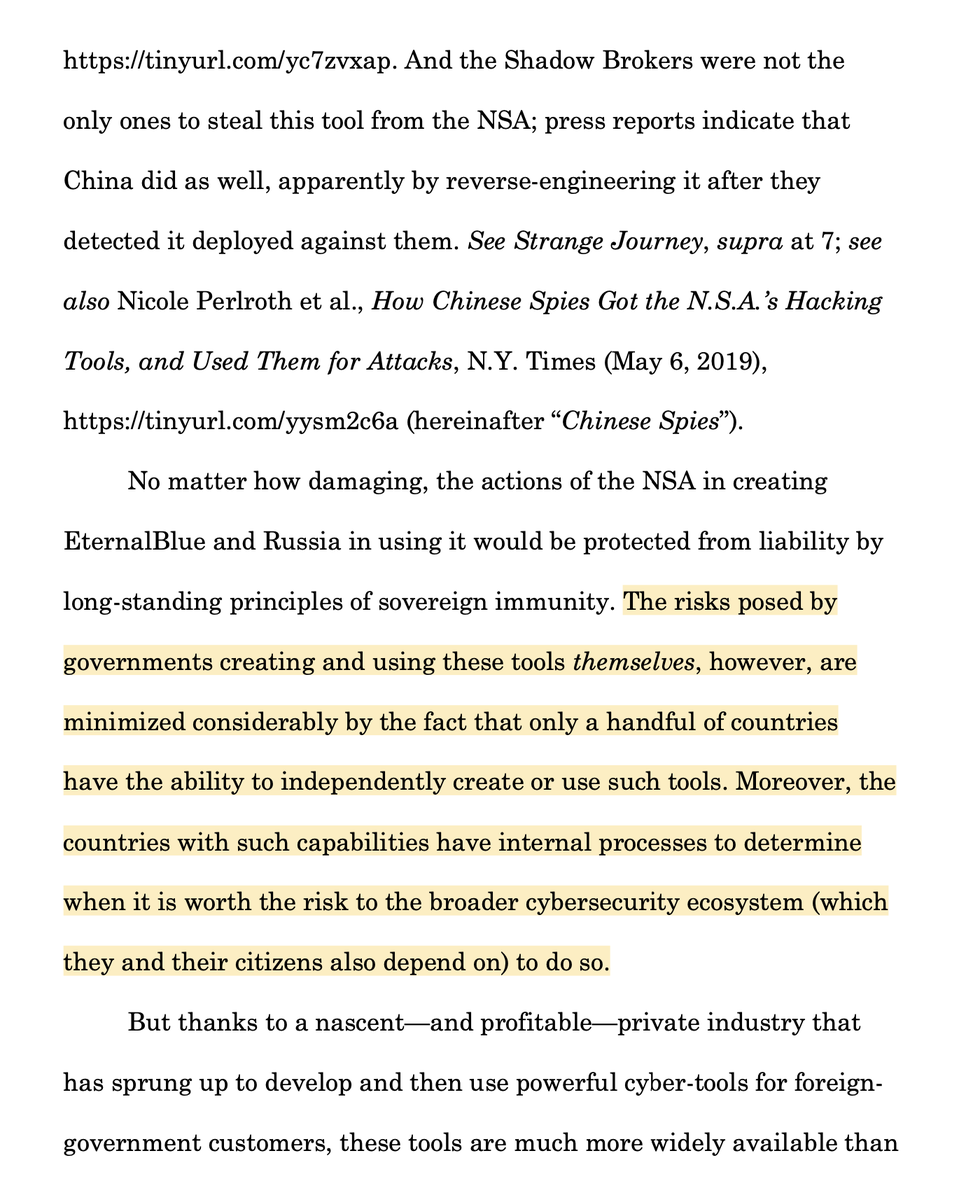 2. Brief begins with  #NotPetya attack. Says: Shows how dangerous and damaging it can be when attack tools proliferate. Notes number of states that can develop such tools v. limited & NSA still protected by longstanding principles of sovereign immunity from liability...