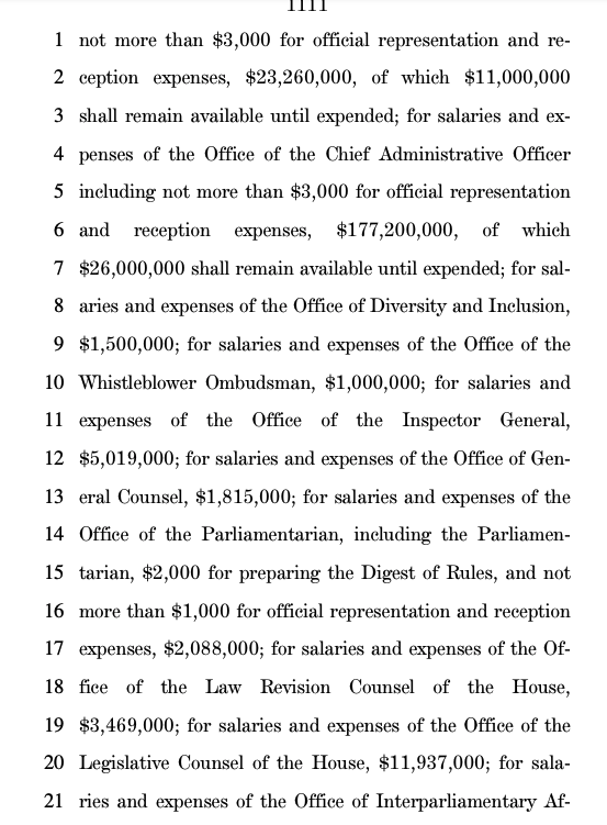 The Covid relief bill includes $1.5 million for the Appropriations Committee’s “Office of Diversity and Inclusion” as well as lots of money for receptions