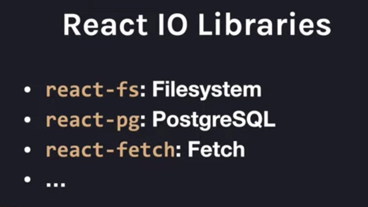 36:55 Dan's RecapServer Components.... have ZERO effect on bundle size let you access backend resources DIRECTLY (same paradigm btw server & client data fetching)New React I/O Libraries (thin wrappers that teach React how to cache):- react-fs- react-pg- react-fetch