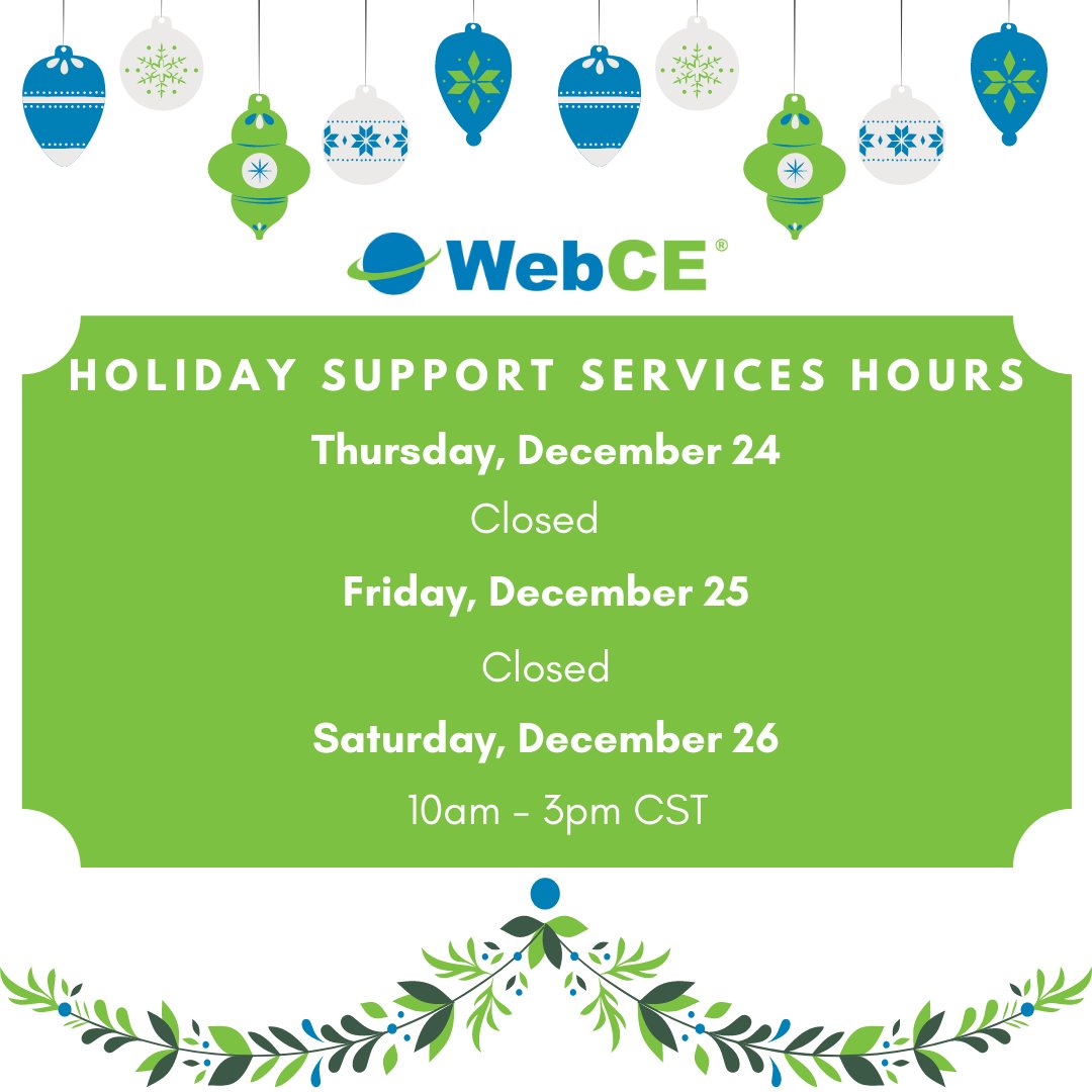 We wish you a safe and happy holiday season! Please be aware of our modified support services hours this week. Our website and online courses continue to be available throughout the holidays.