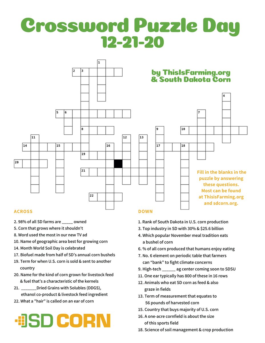 sdcorn's tweet photo. In addition to the first day of winter, it's also #CrosswordPuzzleDay! Makes sense, right? Sharpen your pencil &amp; test your corn knowledge with this #corncrossword featuring facts &amp; news from https://t.co/VSY6q9pVte &amp; https://t.co/SmO84siBzg. https://t.co/fF4LCCb9he