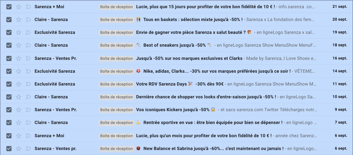 Lucie_Jan's tweet photo. On profite des vacances pour faire le ménage dans les newsletters ;) Quasi 1 par jour ça fait beaucoup @sarenza ! #CRM #newsletter #emailing #marketingtips #marketing101 https://t.co/4KlzK1oizc