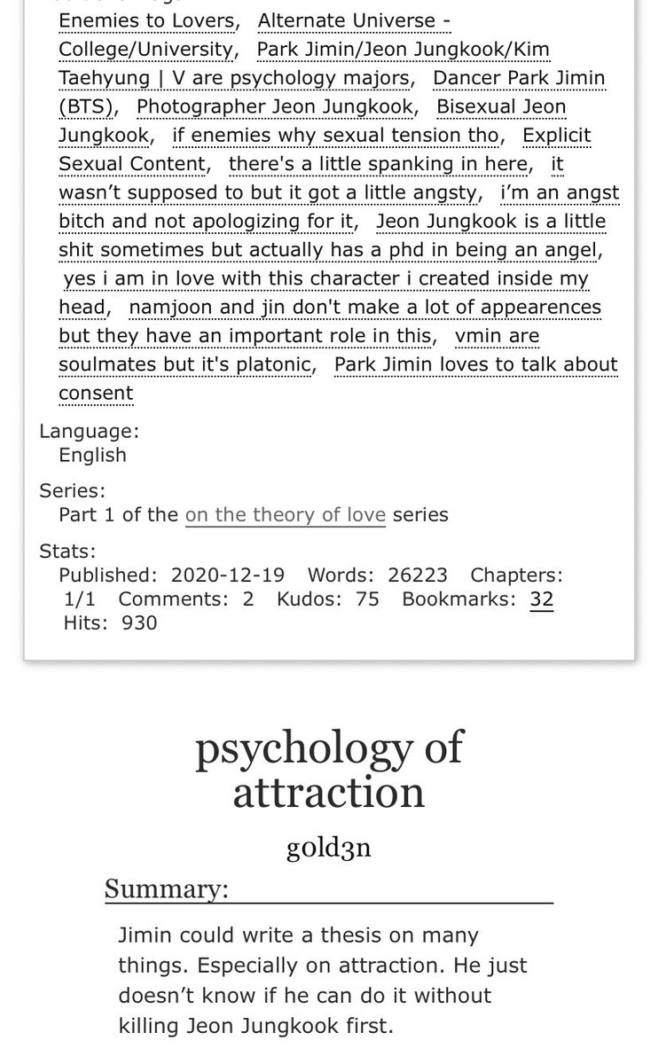 ❧ psychology of attraction ➵ it was so good ➵ jimin is kind of oblivious but that character development everyone ➵ short but amazing I swear ➵ vmin is everything ➵ jk is amazing here I swear I just smiled a lot reading this