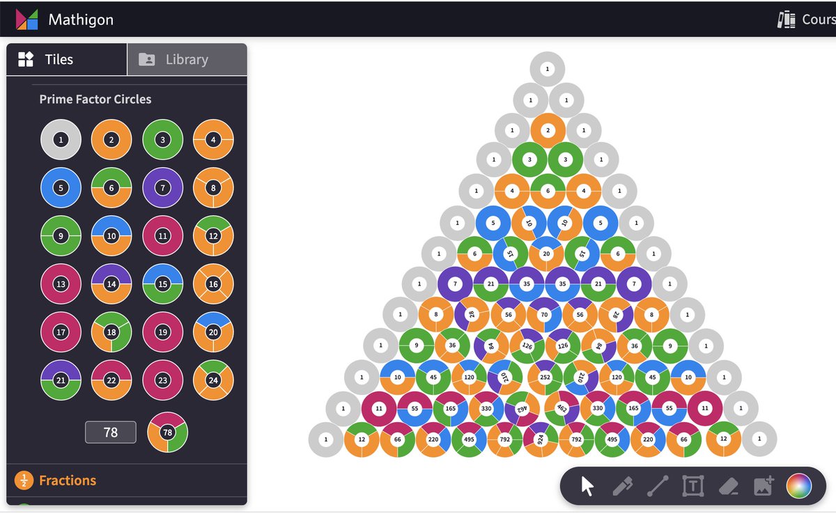 edaydemir's tweet image. What do you realize? #PascalTriangle with prime factor circles  - You can rotate the numbers to align the colors. @MathigonOrg @MathforLove #Math