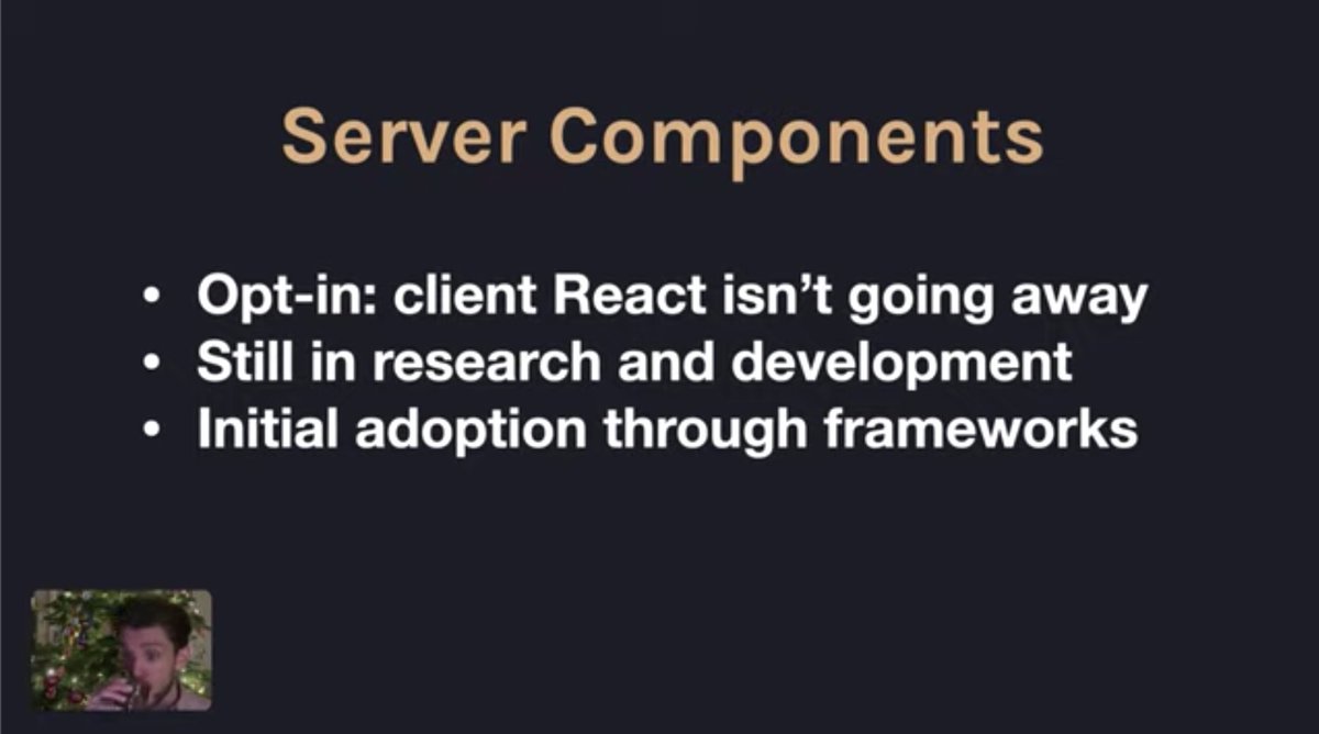 47:14 Server Components Recap (all the 's above)all experimental milestones hit, therefore announcing nowDid small test in FB app, saw -29% bundle reductionLots more Ongoing Research!