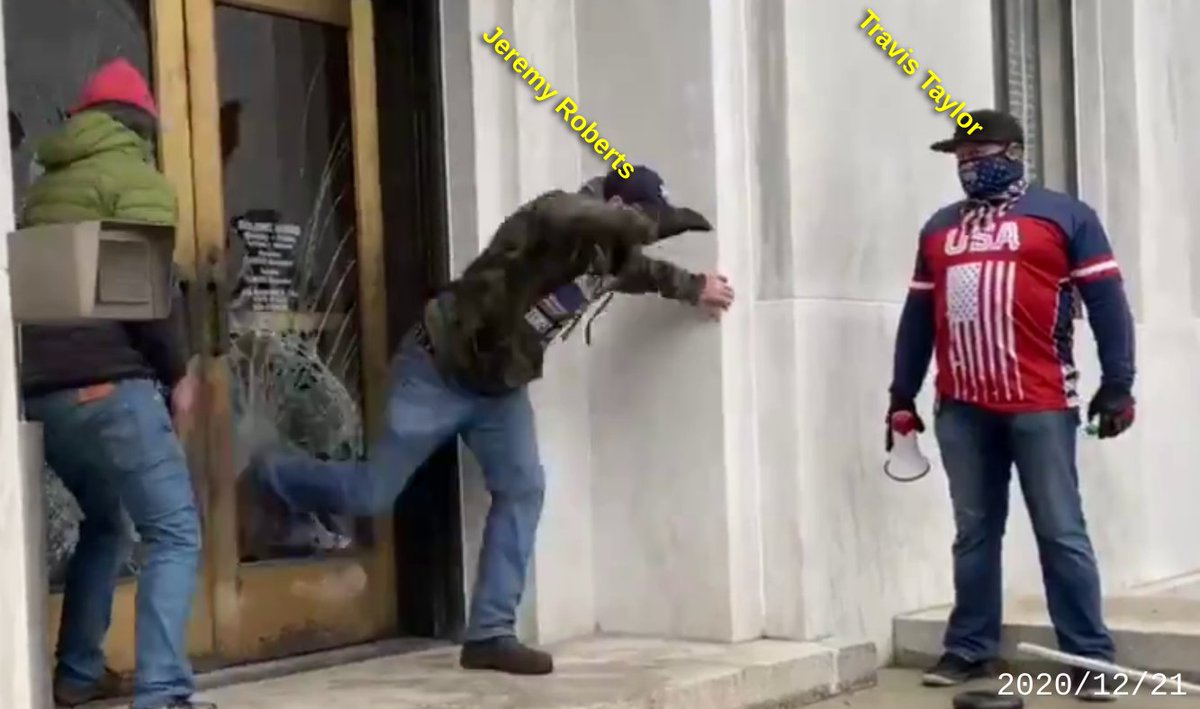 Violent fascist Proud Boys hate group member & serial-assailant Travis Taylor ( https://twitter.com/search?q=from%3Arosecityantifa%20travis%20taylor&src=typed_query) was, of course, on the scene as COPS NW fascist Jeremy Roberts assaulted journalists & kicked in the capitol's glass door.  https://twitter.com/_Brian_ICT/status/1341144448420343808