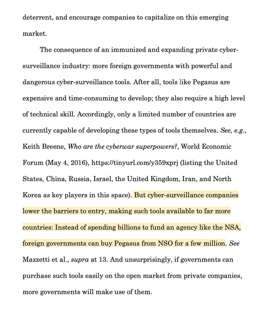 6. Argument A1. Giving NSO & peers immunity would increase the number of Gov customers, fueling the proliferation of spyware & create large-scale systemic risk w/potential for disaster. Liability must be used to deter this business model that depends on violating US law.