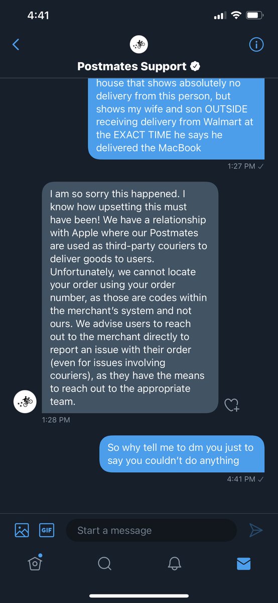 SouthSideChaley's tweet photo. @Postmates_Help Sent me to the DM just to say they cannot do anything https://t.co/NiiZmggZTn
