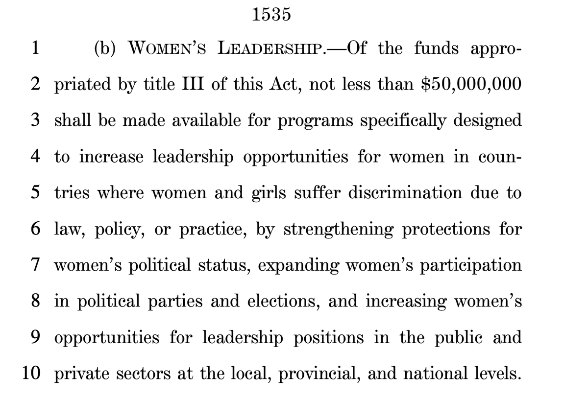 Some highlights from the stimulus bill. First, not less than $10 million for gender programs in Pakistan. $50 million for "women's leadership abroad." 1/n