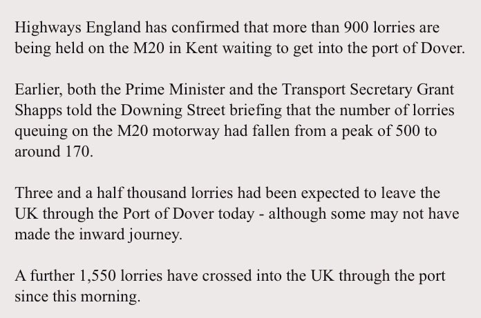 Highways England has confirmed that more than 900 lorries are being held on the M20 in Kent, waiting to get into the port of Dover, reports <a href="/BBCHelenCatt/">Helen Catt</a>