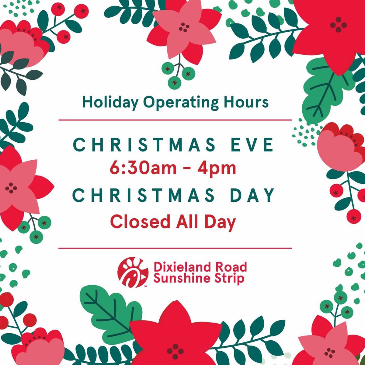 We have special Holiday Operating hours for this coming week! We hope everyone stays safe and enjoys this Holiday Season! ❤️🎄✨
#cfaharlingen