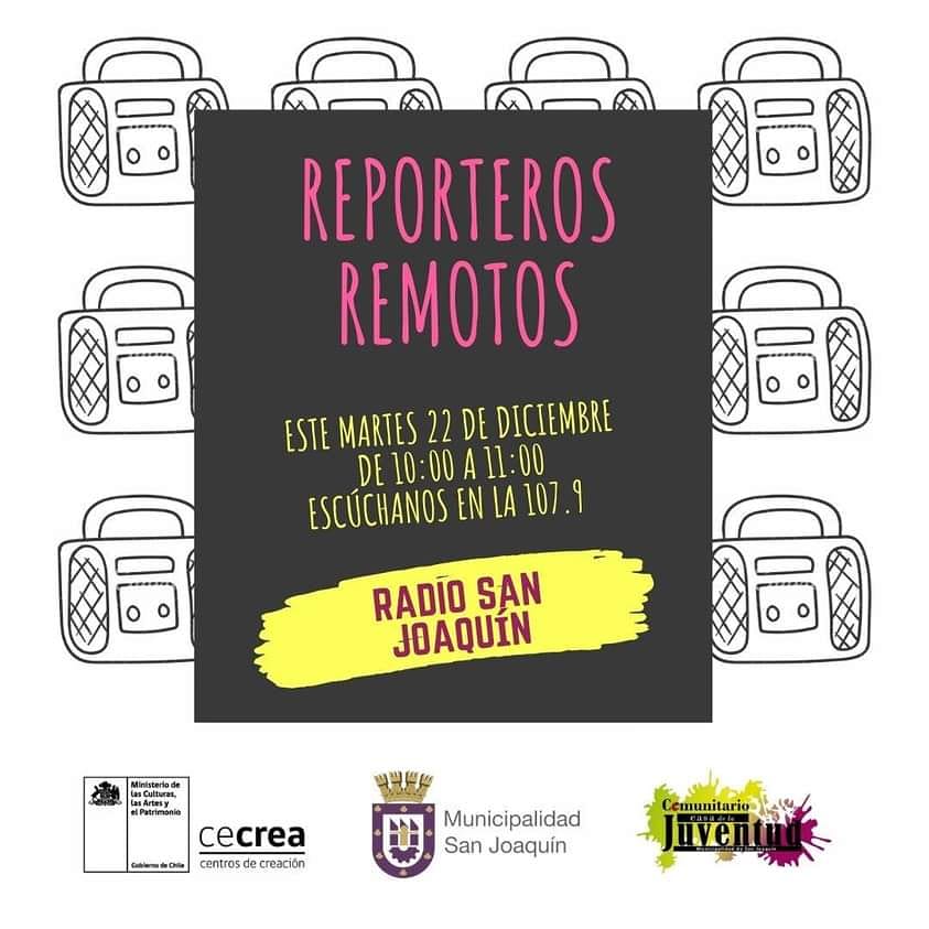 🤩🤩Mañana vamos a realizar nuestro primer programa radial con el laboratorio "Reporteros Remotos" en el cual niños y niñas comentarán interesantes temáticas. Acompáñanos mañana en las 107.9 Radio San Joaquín de 10:00 a 11:00 hrs. 🙂🙂🙂