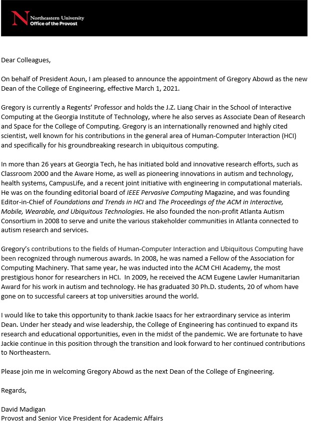 John Abowd (@john_abowd) on Twitter photo Congratulations to my brother <a href="/gabowd/">Gregory D. Abowd</a> who is moving to a new, exciting job as Dean of the College of Engineering at Northeastern University. Good luck, and welcome to the northeast. 👇 Congratulations to my brother <a href="/gabowd/">Gregory D. Abowd</a> who is moving to a new, exciting job as Dean of the College of Engineering at Northeastern University. Good luck, and welcome to the northeast. 👇
