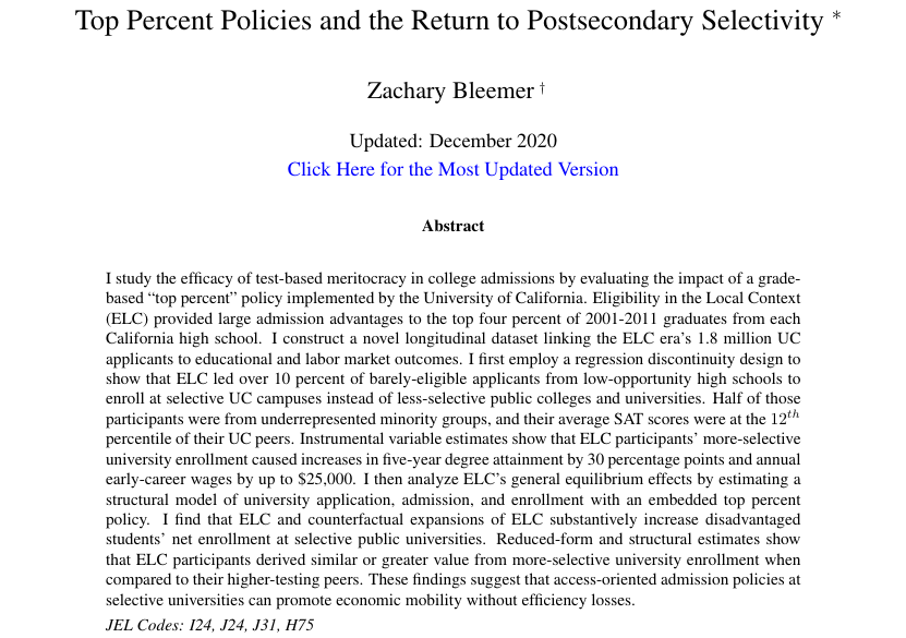 New (job market) paper: Quasi-experimental and structural analysis of novel administrative data shows that broadening public university access for lower-testing students can promote economic mobility without efficiency losses. A thread.  http://zacharybleemer.com/wp-content/uploads/2020/10/ELC_Paper.pdf  #EconTwitter
