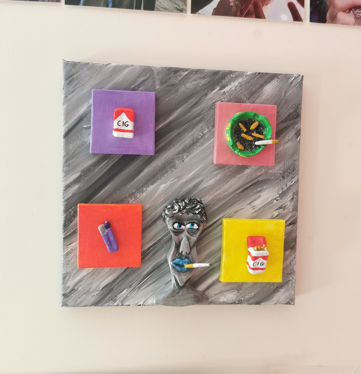 meganfaithartt's tweet photo. Air dry clay sculpture, painted with acrylic paint on canvas. Based off my illustration 'This Is Tiring'. #airdryclay #Canvas #sculpture #clayminiatures #sculpting #artist https://t.co/dPTSG0K3Mn