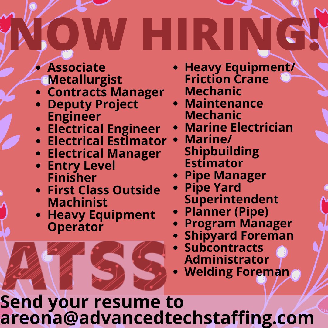 cypressemployme's tweet photo. ATSS has various clients in different locations hiring ! Contact us if you are interested ! #metallurgist #manager #engineer #electrical #estimator #finisher #outside #machinist #operator #superintendent #mechanic #marine #electrician #planner #foreman #welding https://t.co/PUvhell912