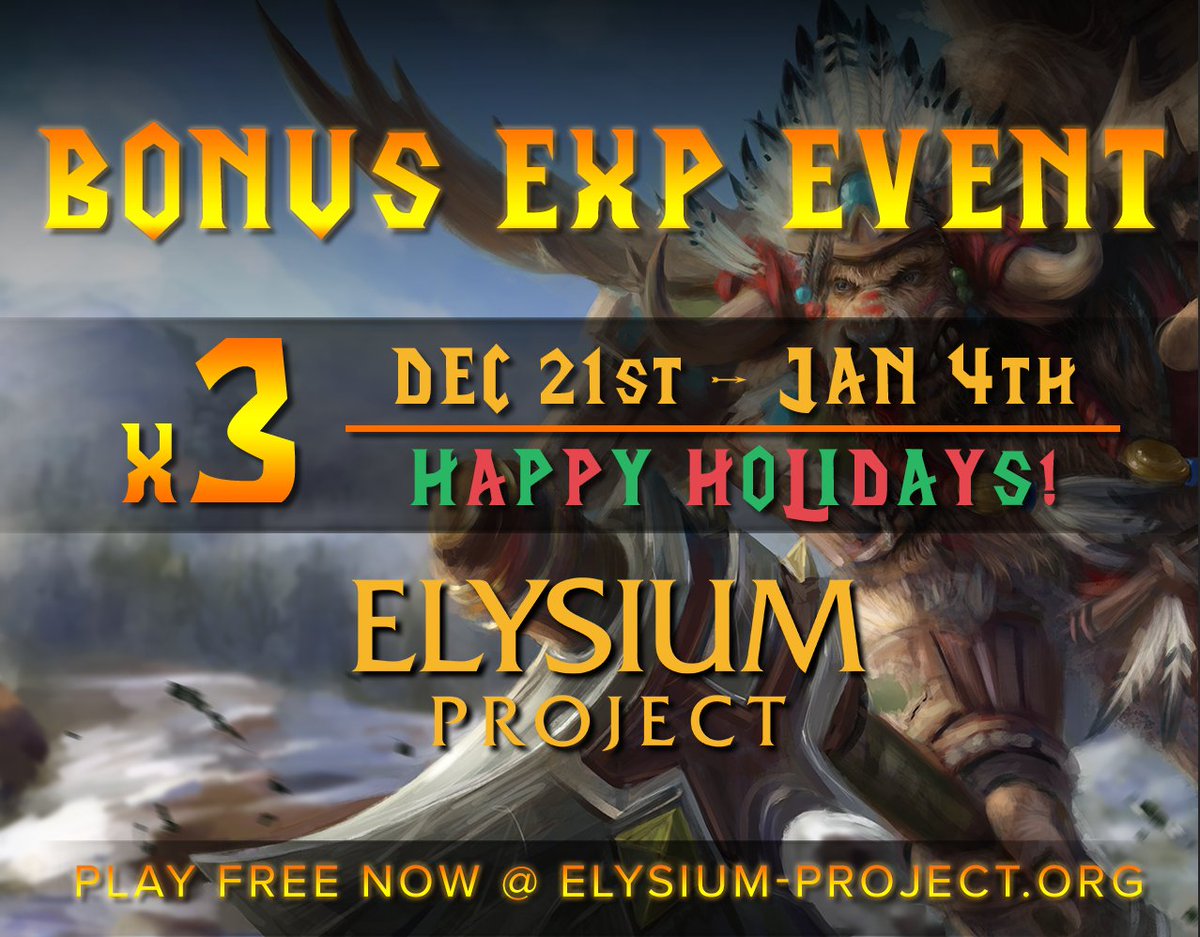 Happy Holidays everyone!

Starting right now, we've initiated a x3 Experience event across Azeroth! 

Since there have been many new COVID-19 lock downs across the globe, we wanted to make it a bit easier on everyone.

Thanks again for playing on Elysium!