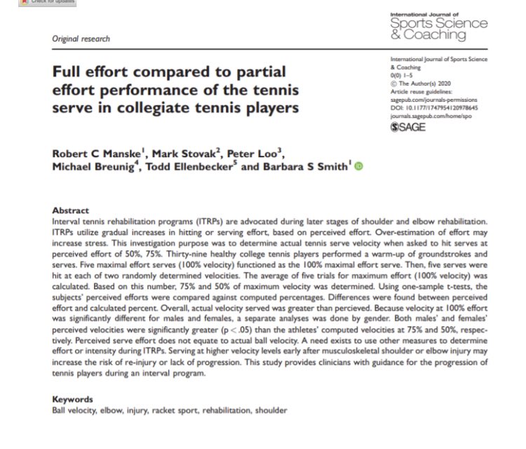 Robptatcscs's tweet photo. Great to have this one published before years end. Just like pitching, athletes also underestimate their serve velo based on their perceived effort! https://t.co/chKudfqrnX