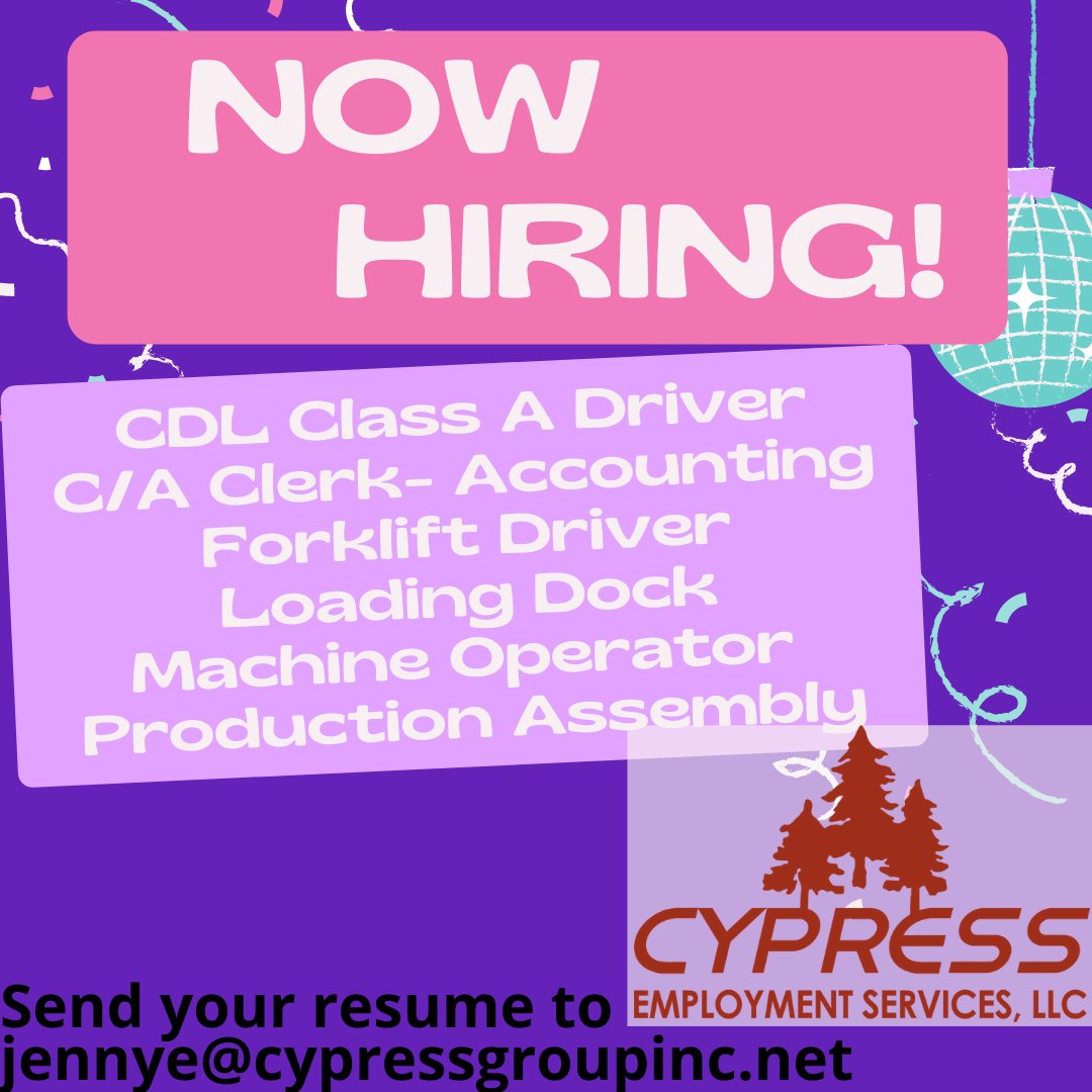cypressemployme's tweet photo. Cypress Employment Services has clients in various locations hiring ! Contact us if you are interested! #hiring #recruiting #jobseeker #jobsearch #class #Cdl #clerk #machine #operator #production https://t.co/d0psHfnlRW