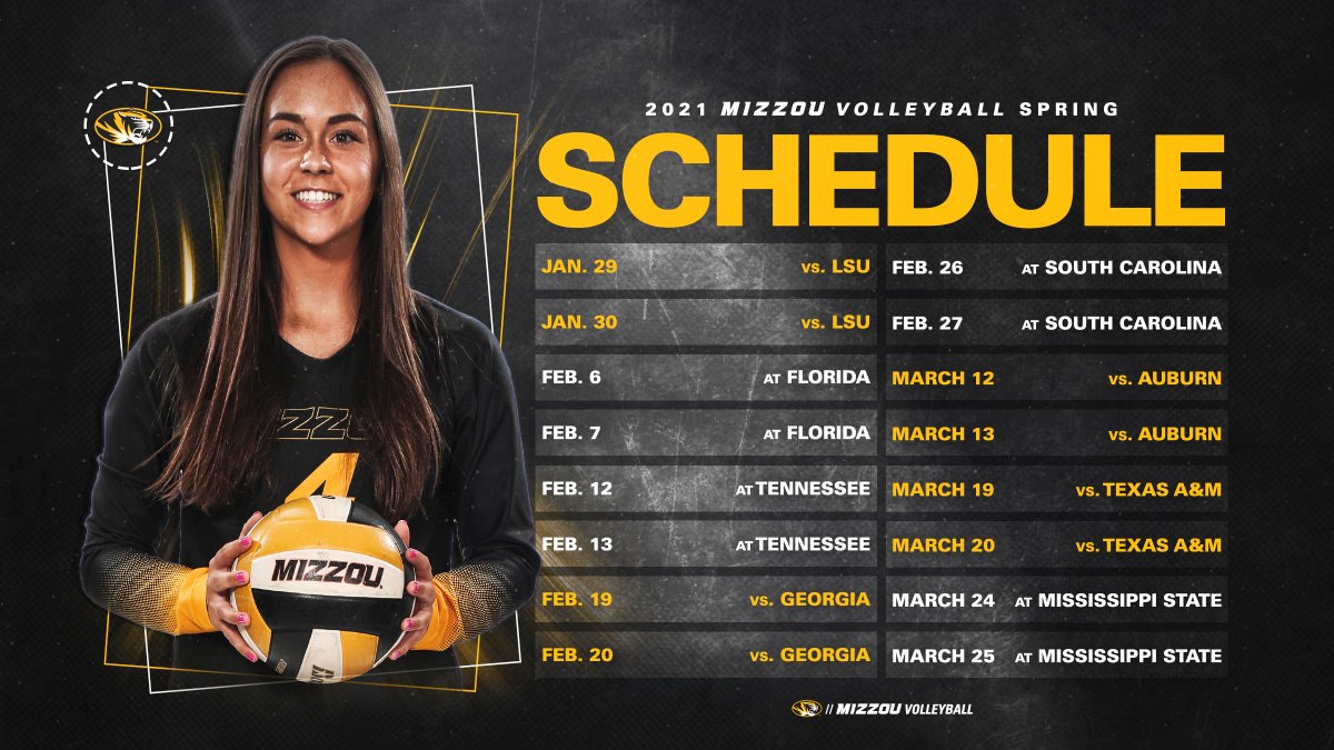 Get those 📆 ready again, #Mizzou fans. The spring 2021 schedule is here❗

🔗 bit.ly/3pgxjyG

#MIZ l #ShowMe 🐯🏐