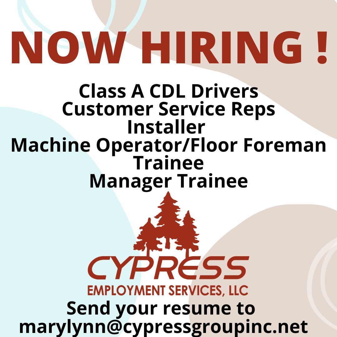cypressemployme's tweet photo. Cypress Employment Services has clients in various locations hiring for different positions! Contact us if you are interested! #hiring #recruiting #jobseeker #Jobsearch #drivers #services #customer #installer #machine #operator #trainee https://t.co/dkbAhQmBld